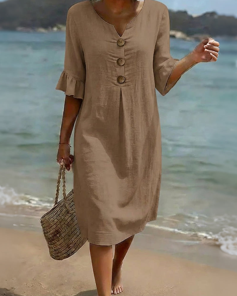 Button-front Cotton Dress With Ruffled Sleeves