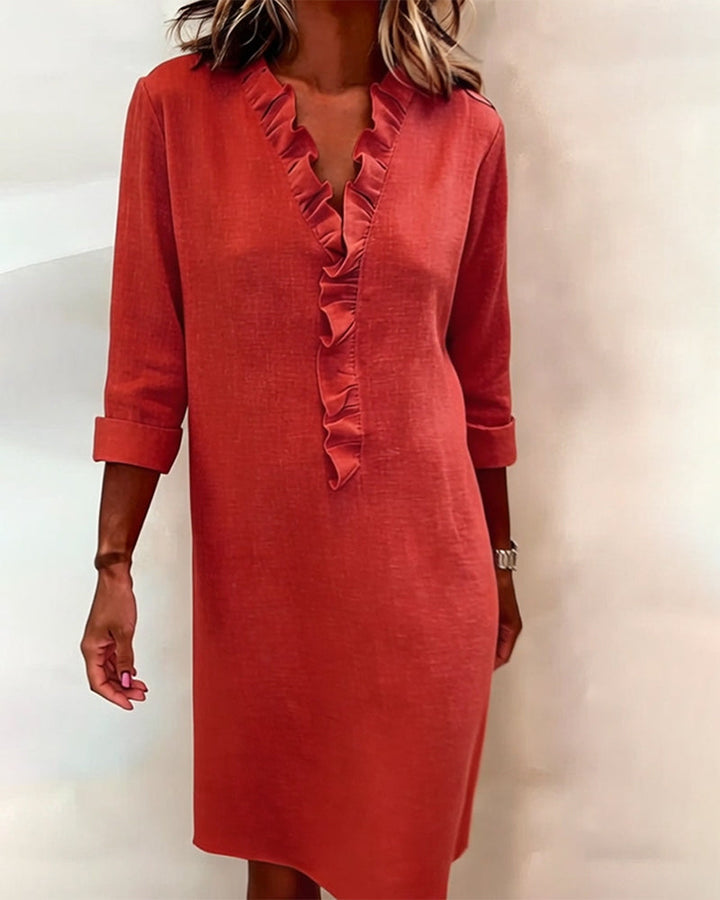 Plain V-Neck Ruffled Dress