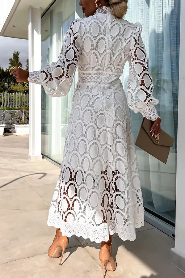 Elegant Crochet Lace Lantern Sleeve Party Midi Dress