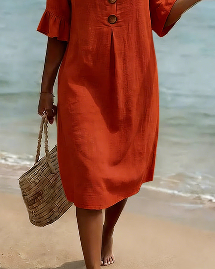 Button-front Cotton Dress With Ruffled Sleeves