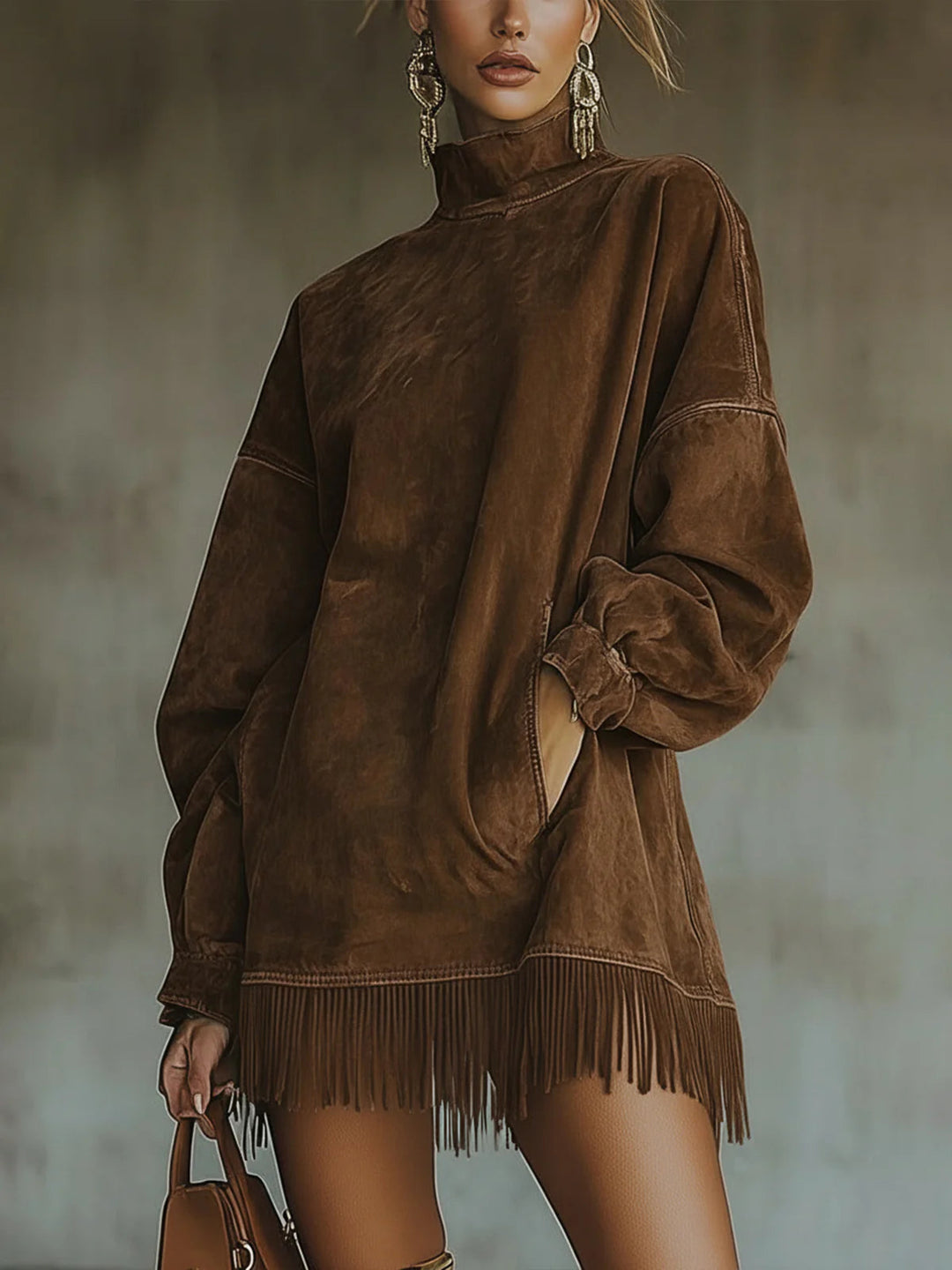 Faux™ | Suede Turtleneck Dress With Fringe Hem