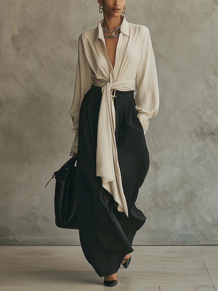 Women's Front Lace-up Shirt And Black Trousers Set