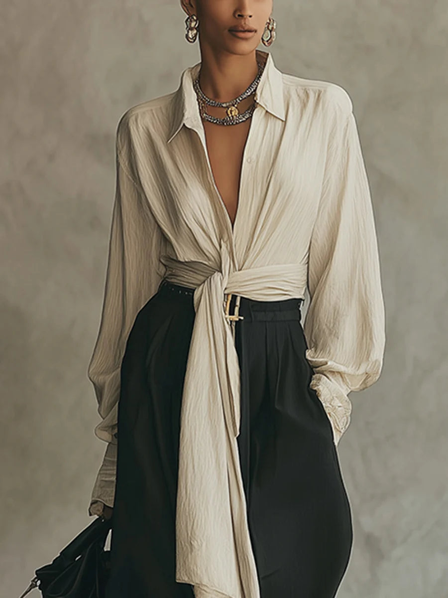 Women's Front Lace-up Shirt And Black Trousers Set