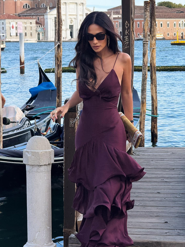 Esmira™ | Elegant Burgundy Tiered Maxi Dress