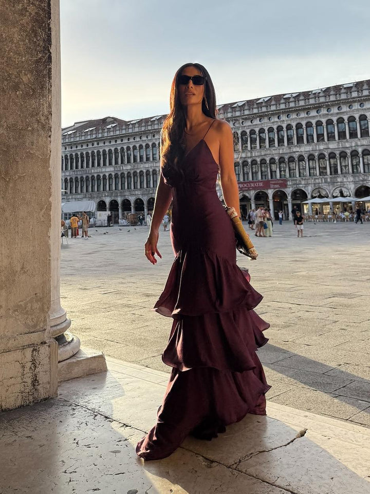 Esmira™ | Elegant Burgundy Tiered Maxi Dress