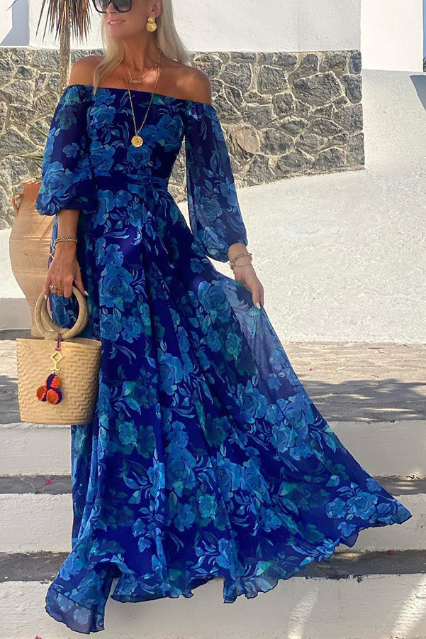 Luna | Long Floral Print Dress with Off-the-Shoulder Sleeves