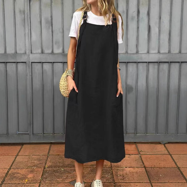 Women's Adjustable Shoulder Strap Pocket Cotton and Linen Dress