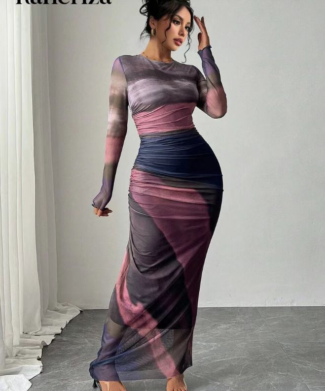 TORINA - Comfy Printed Long Sleeve Round Neck Bodycon Maxi Dress
