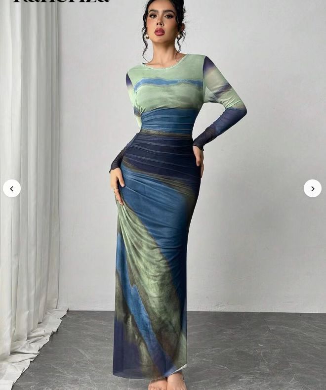 TORINA - Comfy Printed Long Sleeve Round Neck Bodycon Maxi Dress
