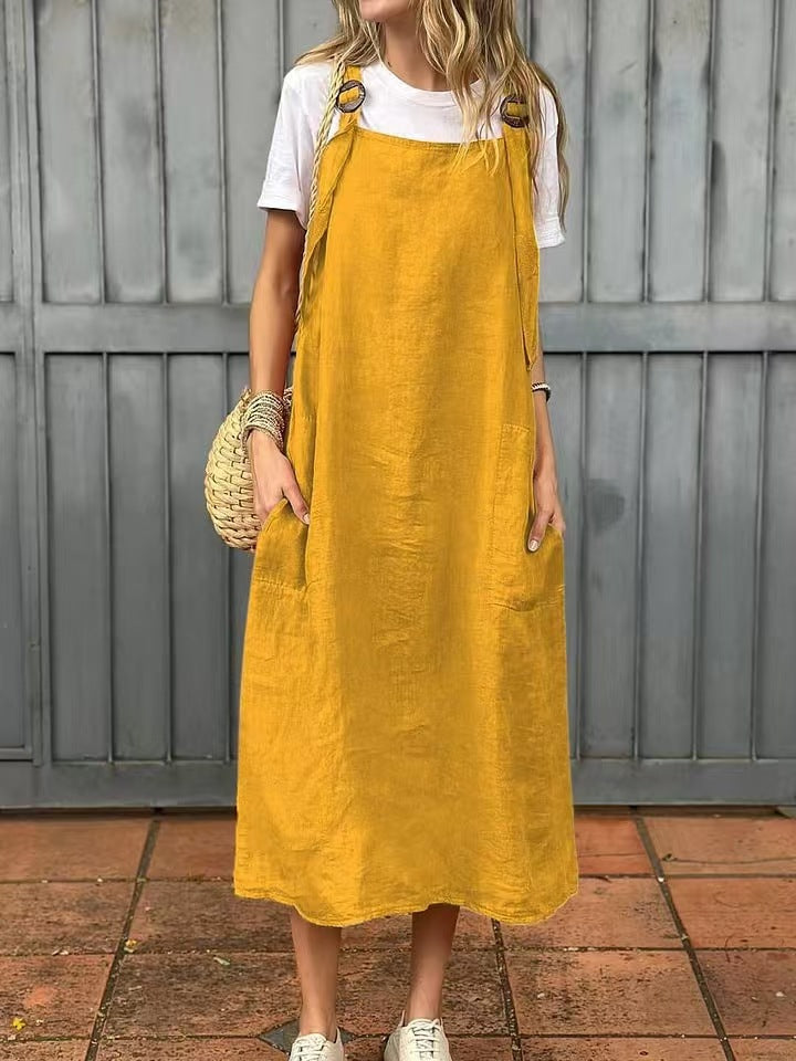 Women's Adjustable Shoulder Strap Pocket Cotton and Linen Dress