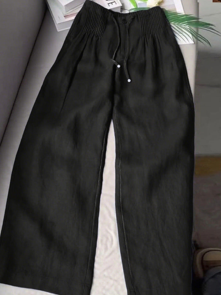 Women's Solid Color Pleated Drawstring Casual Cotton and Linen Wide Leg Pants