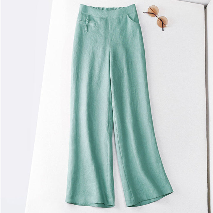 Women's Solid Color Button Half Elastic High Waist Casual Cotton and Linen Wide Leg Pants