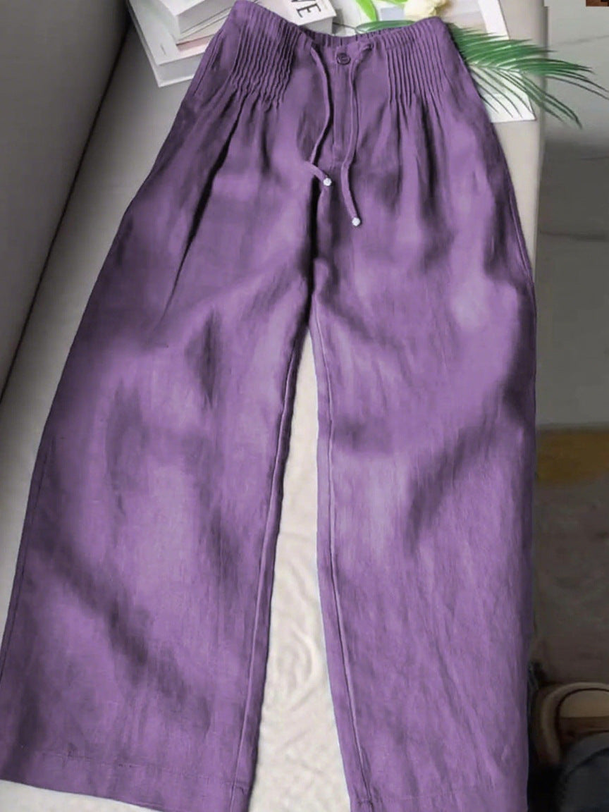 Women's Solid Color Pleated Drawstring Casual Cotton and Linen Wide Leg Pants