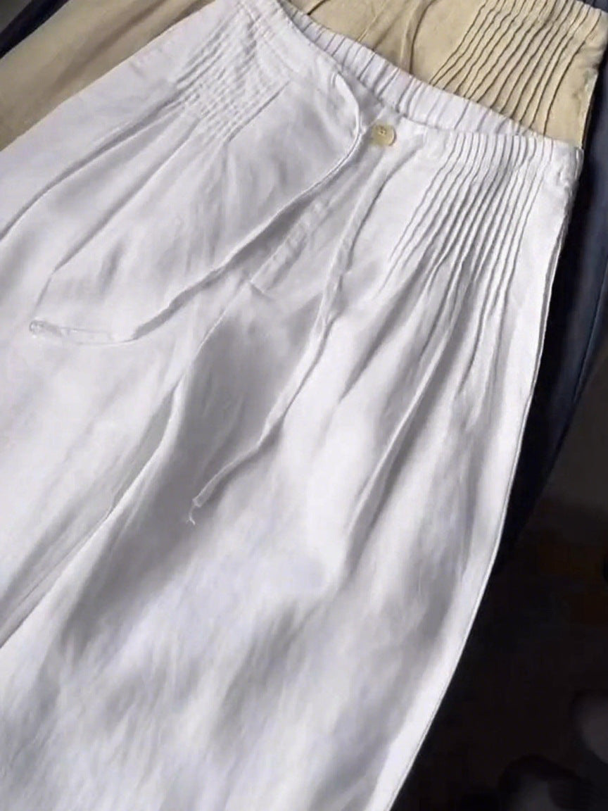 Women's Solid Color Pleated Drawstring Casual Cotton and Linen Wide Leg Pants
