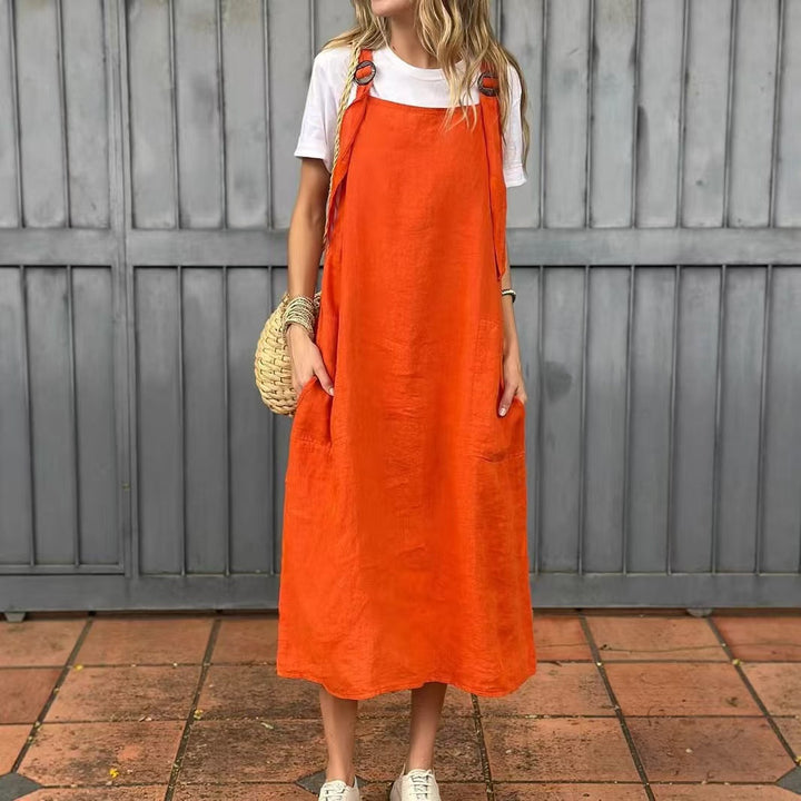 Women's Adjustable Shoulder Strap Pocket Cotton and Linen Dress