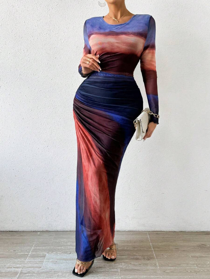 TORINA - Comfy Printed Long Sleeve Round Neck Bodycon Maxi Dress