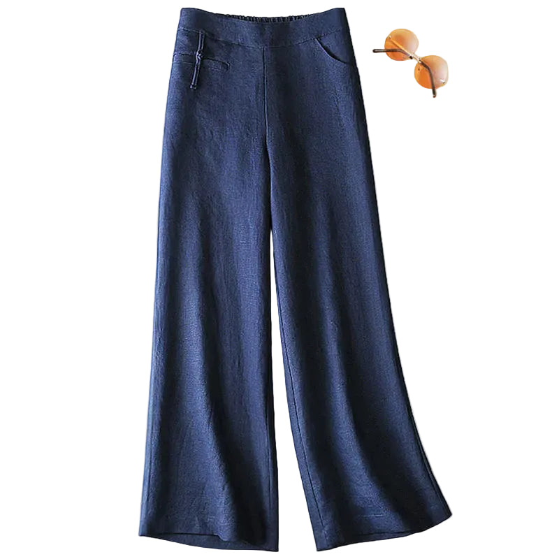 Women's Solid Color Button Half Elastic High Waist Casual Cotton and Linen Wide Leg Pants