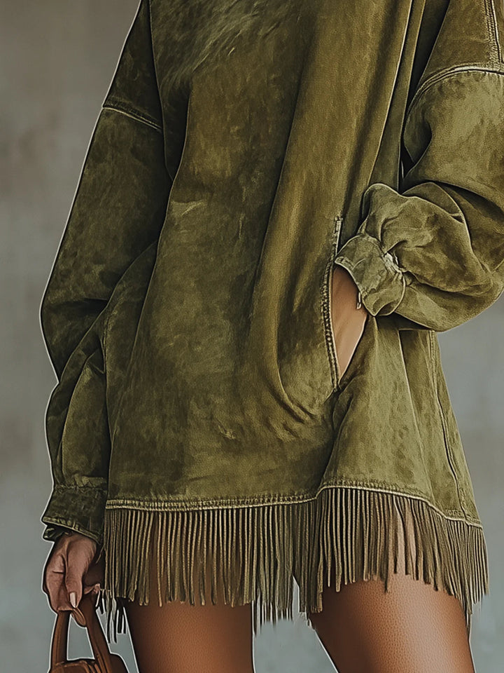 Faux™ | Suede Turtleneck Dress With Fringe Hem