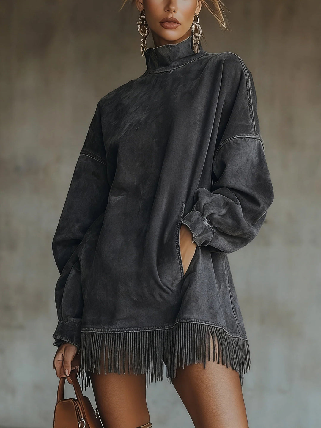 Faux™ | Suede Turtleneck Dress With Fringe Hem