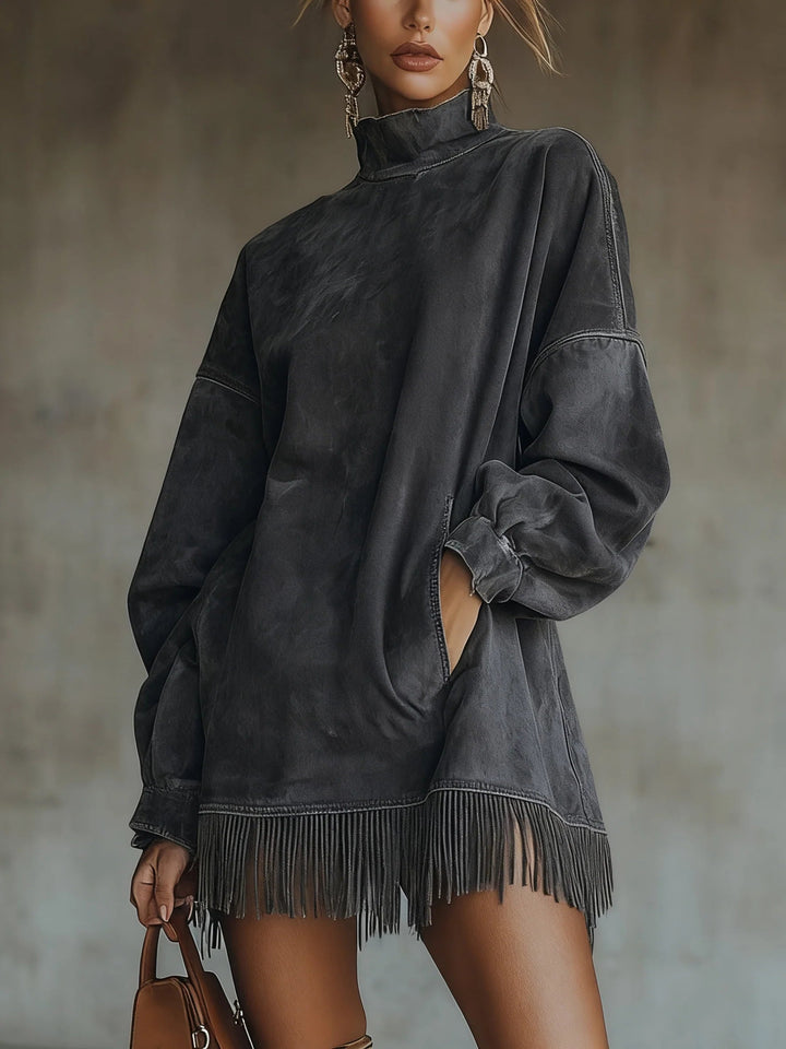 Faux™ | Suede Turtleneck Dress With Fringe Hem