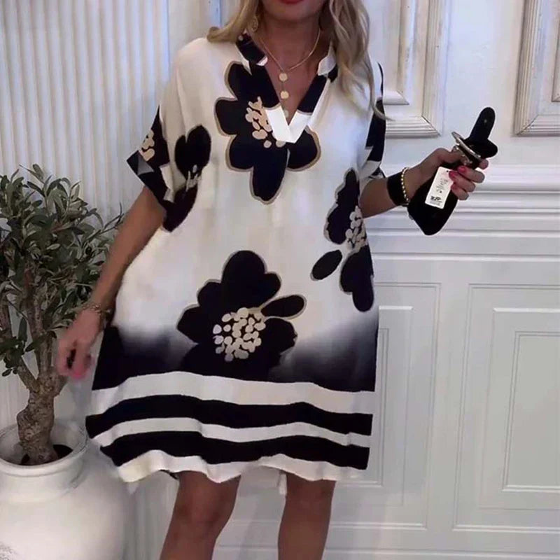 Noir Bloom™| Dress with Artistic Floral Print and Loose Fit
