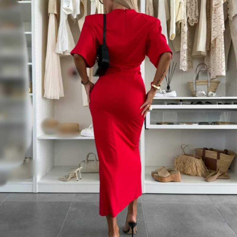 Short-Sleeved Midi Dress with Slit in Cotton
