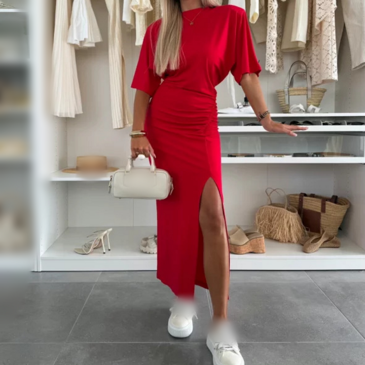 Short-Sleeved Midi Dress with Slit in Cotton