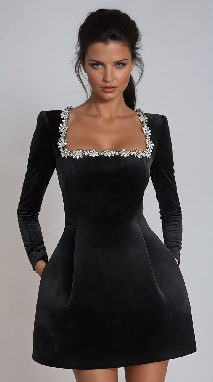 Josie | Embellished Black Velvet Mini Dress