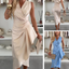 V-neck Satin Midi Dress with Gathered Neckline