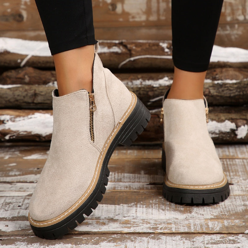 Women's Ankle Boots With Round Toe and Side Zipper