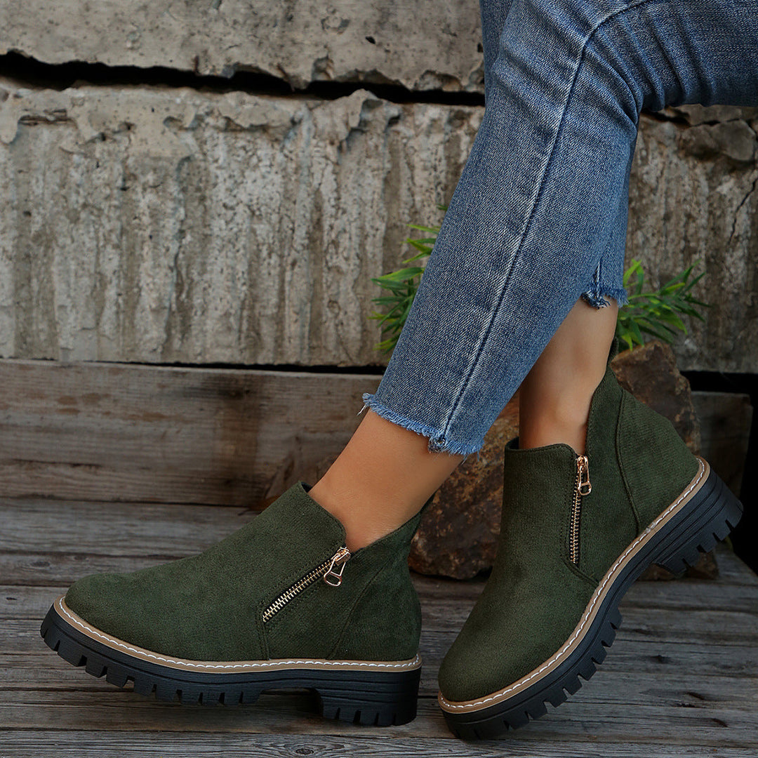 Women's Ankle Boots With Round Toe and Side Zipper