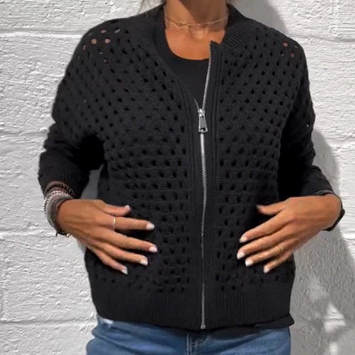 Women's Knitted Jacket with Zipper and Cutouts