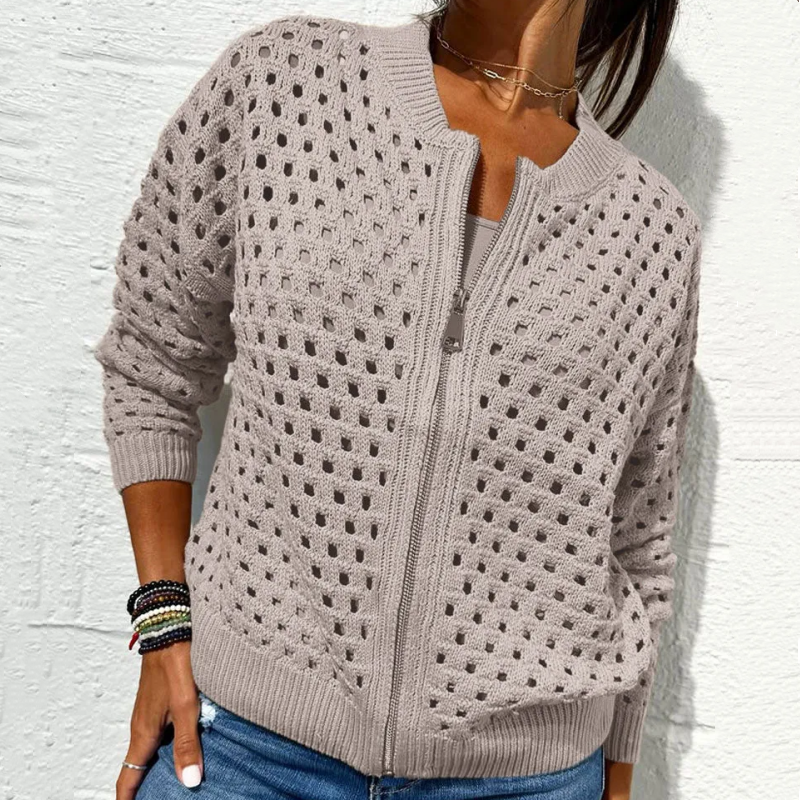 Women's Knitted Jacket with Zipper and Cutouts