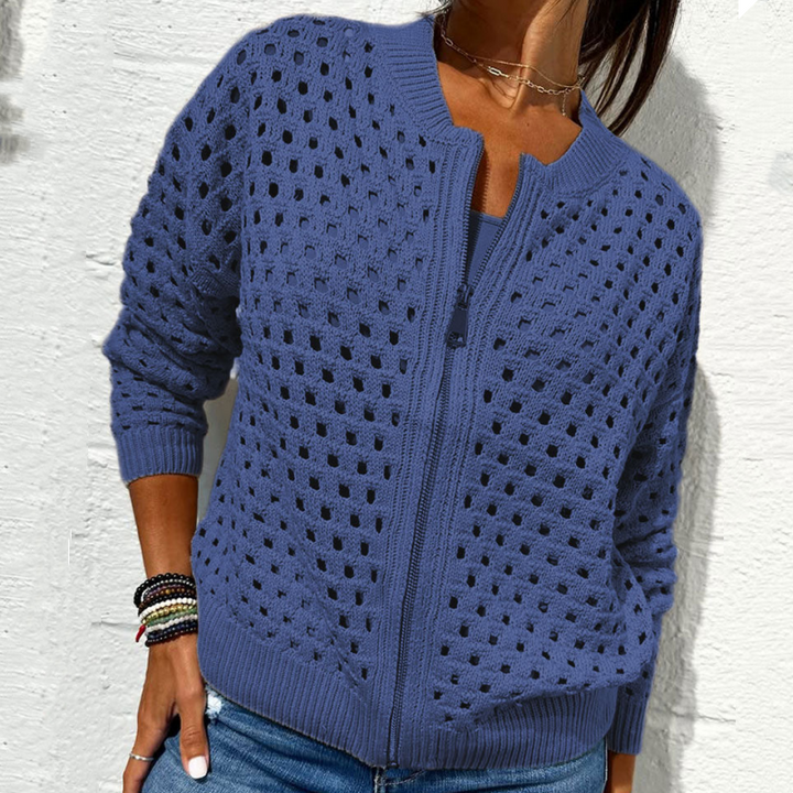 Women's Knitted Jacket with Zipper and Cutouts