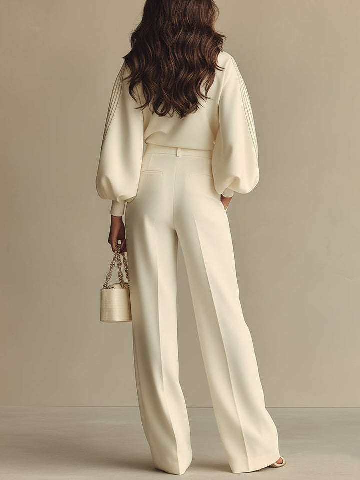 Ribbed Crew Neck Top And High-waisted Wide-leg Pants Suit Set