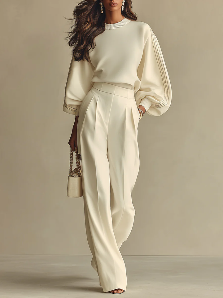 Ribbed Crew Neck Top And High-waisted Wide-leg Pants Suit Set