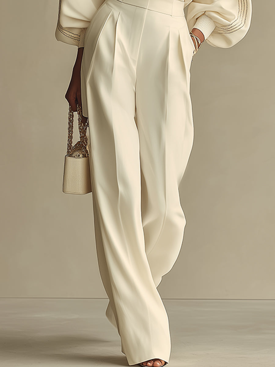 Ribbed Crew Neck Top And High-waisted Wide-leg Pants Suit Set