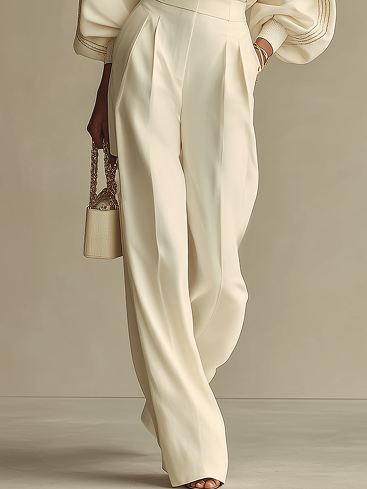 Ribbed Crew Neck Top And High-waisted Wide-leg Pants Suit Set