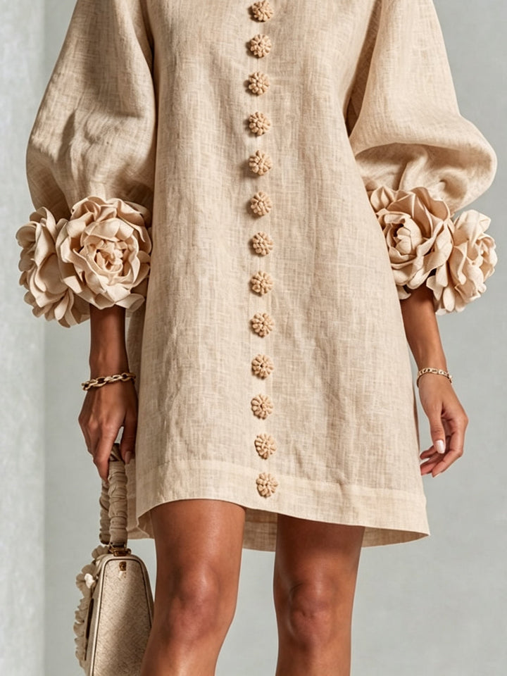 Beige Floral Button-down Mini Dress With Striking Floral Cuffs