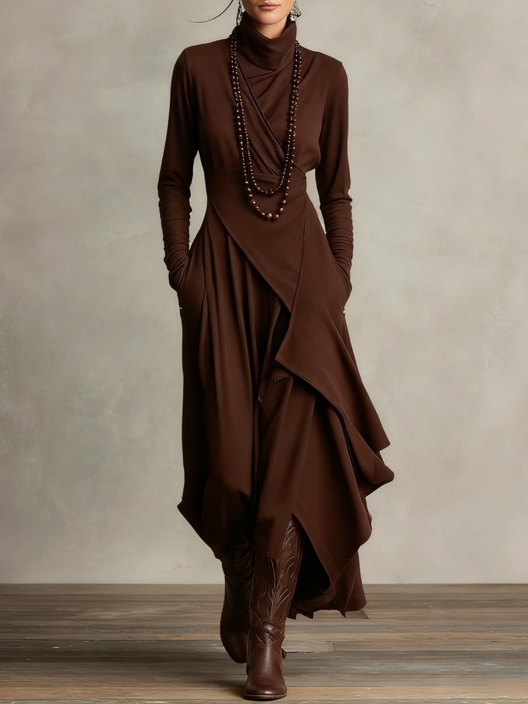 Purple High-Neck Asymmetrical Pleated Maxi Dress