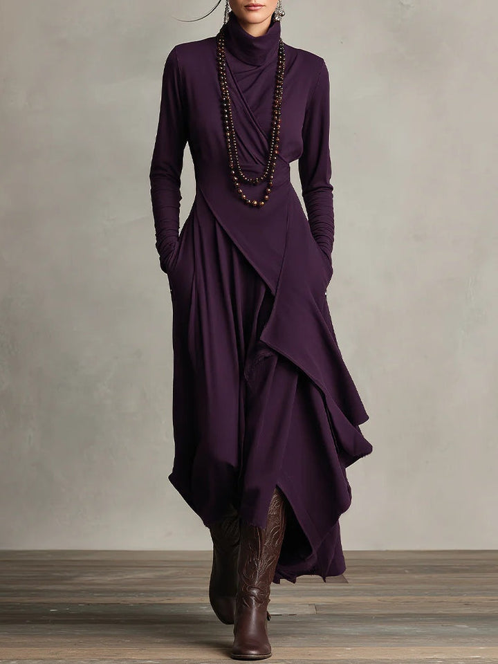 Purple High-Neck Asymmetrical Pleated Maxi Dress