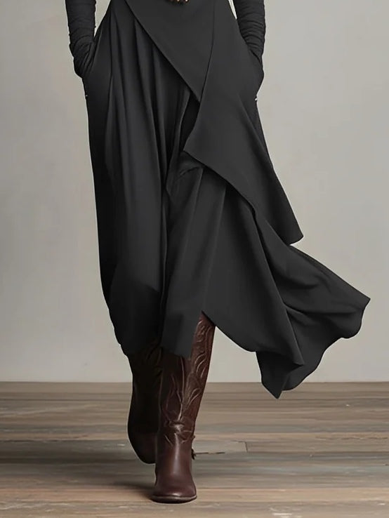 Purple High-Neck Asymmetrical Pleated Maxi Dress