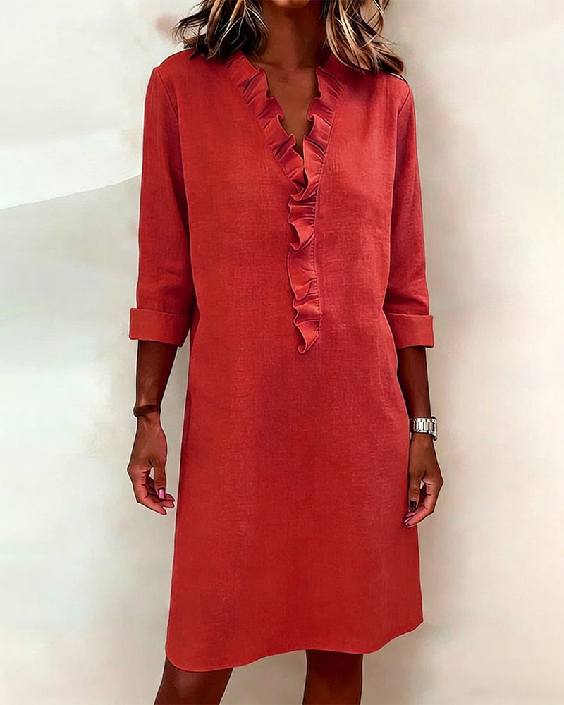 Plain V-Neck Ruffled Dress