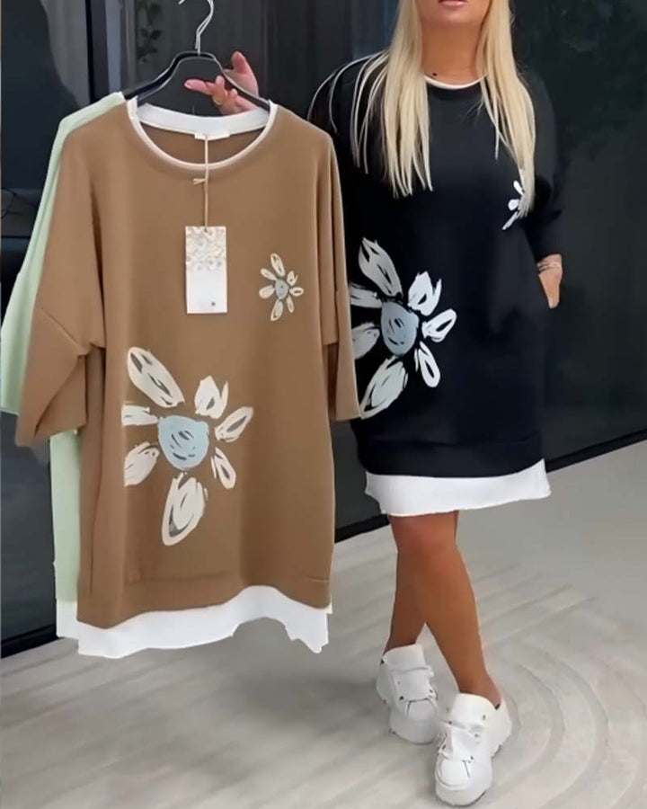 Women's Patchwork Print Crew Neck Sweatshirt Dress