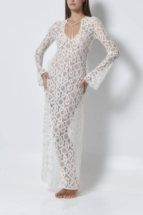 Floral Lace Long Sleeve Slit Vacation Maxi Dress