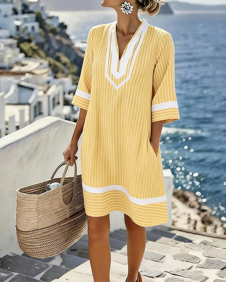 Striped V-Neck Short Sleeve Dress