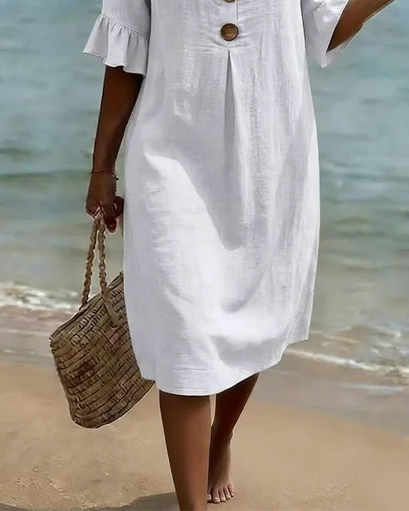Button-front Cotton Dress With Ruffled Sleeves