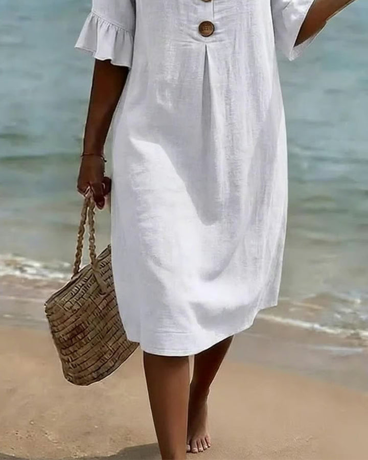 Button-front Cotton Dress With Ruffled Sleeves