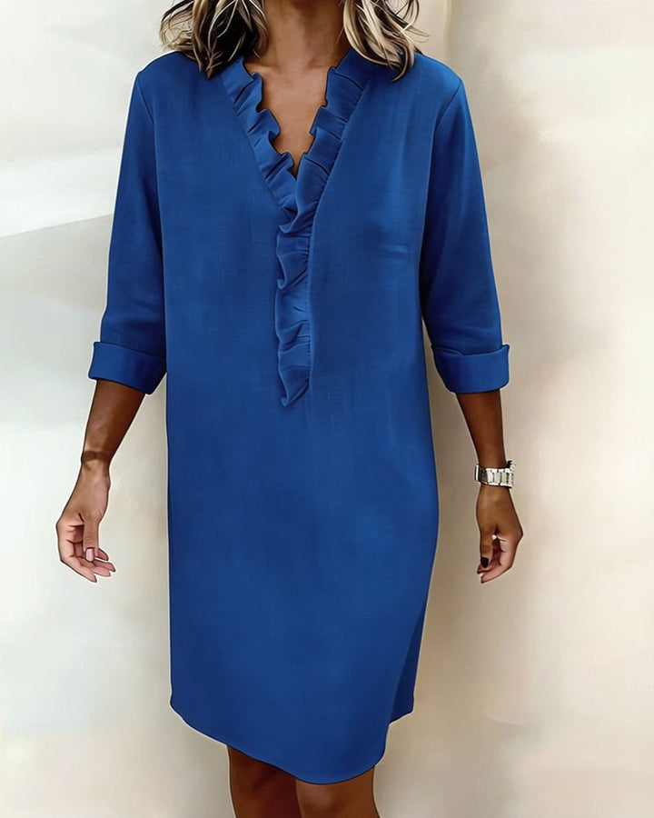 Plain V-Neck Ruffled Dress