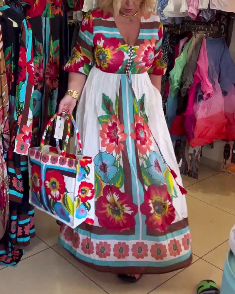 Loose-fitting, Deep V-neck Floral Dress